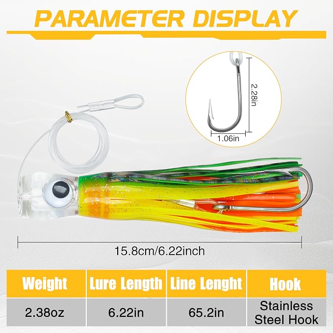 Trolling Lures Saltwater for Tuna Mahi Marlin Wahoo Dolphin Shark Offshore Trolling Baits with Squid Skirt Big Game Fishing Lures Deep Sea Squid Skirts Rig 6/9 inch