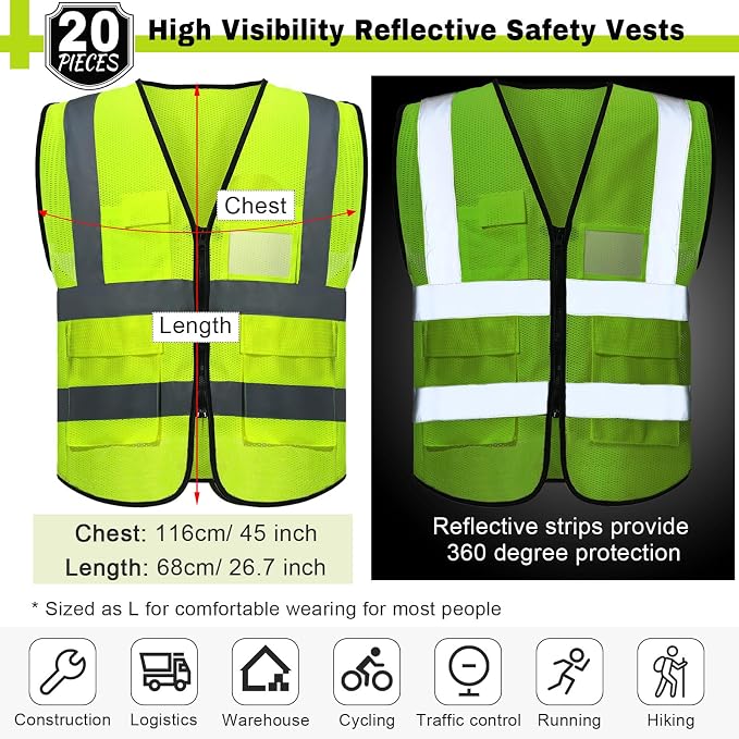 JaGely 20 Pack Reflective Safety Vests with Pockets, High Visibility Mesh Construction Vest for Men Women, Neon Yellow, Size L