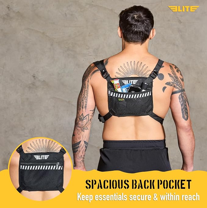 Elite Sports Running Vest w/Phone Holder for Men/Women, Reflective Lightweight Chest Pack w/Touch Friendly Phone Sleeve, Camera Pocket - Chest Rig for Hiking, Trail, Marathon, Camping