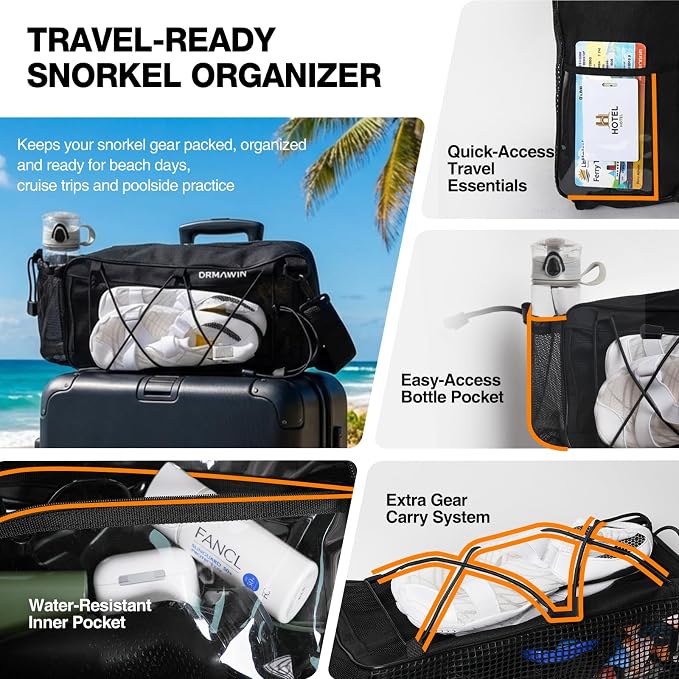 DRMAWIN Snorkeling Gear for Adults & Kids, Dry-Top Snorkel Set with 180° Tempered Glass Mask, Anti-Fog Anti-Leak, Travel Mesh Gear Bag