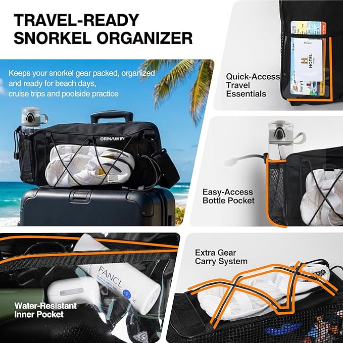DRMAWIN Snorkeling Gear for Adults & Kids, Dry-Top Snorkel Set with 180° Tempered Glass Mask, Anti-Fog Anti-Leak, Travel Mesh Gear Bag