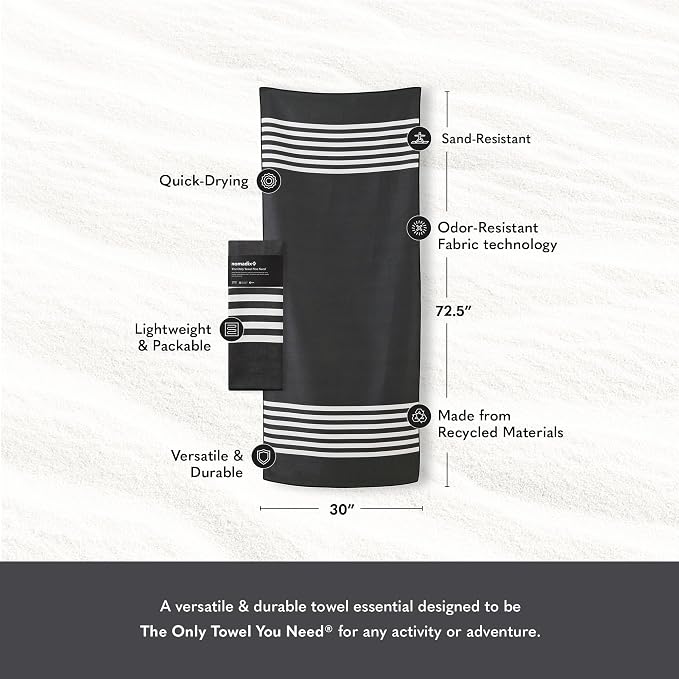 Nomadix Original Towel - Perfect for Beach, Pool, Travel, Camping, Yoga - Made with Recycled Materials - Super Absorbent - Sand Resistant - Poolside Black - 72.5x30