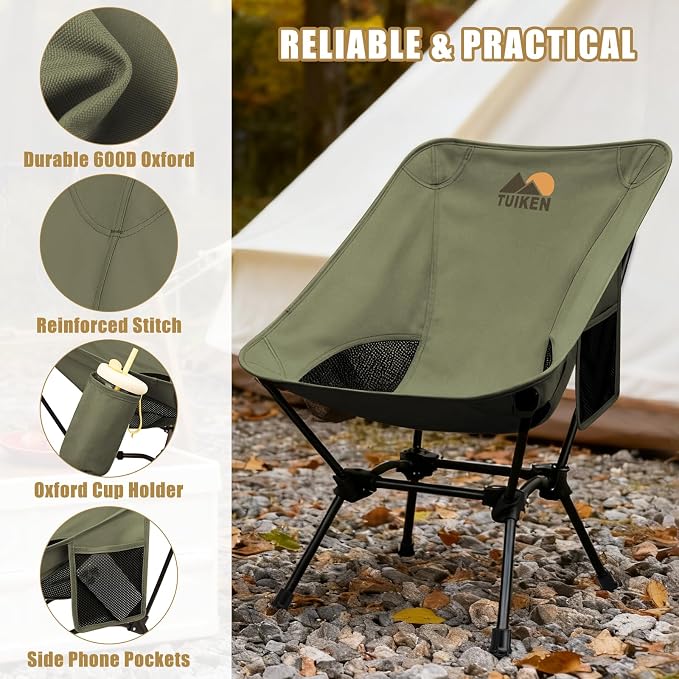 Ultralight Camping Chair Backpacking Chair, Portable Camp Chair with Cup Holder & Storage Bag, Lightweight Compact Folding Chair for Hiking, Travel, Picnic Mountaineering-Gark Green