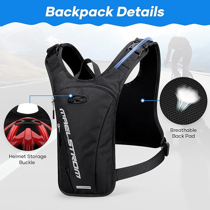 Maelstrom Hydration Vest with 2L Water Bladder Backpack for Running Hiking | Chest Pack, BPA-free, High Flow Bite, Reflective Stripe, Helmet Buckle, Detachable, Breathable Pad, for Cycling, Marathon