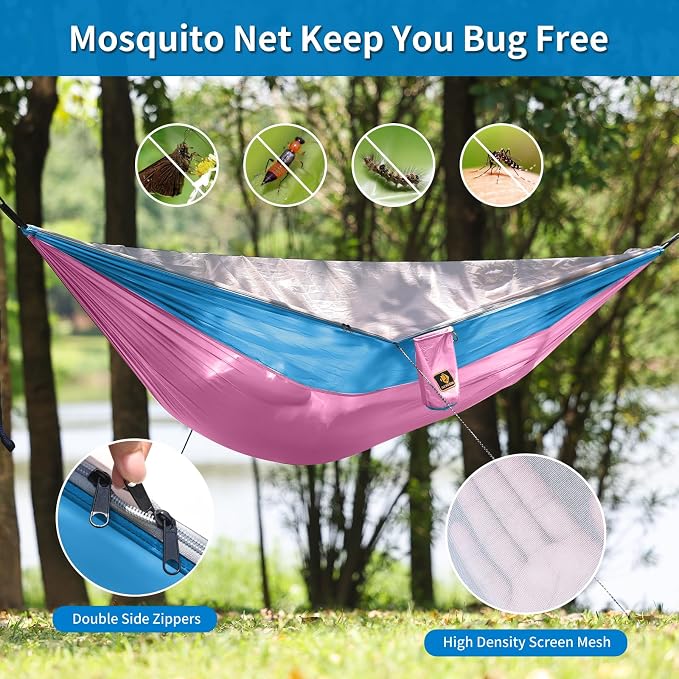 Kids Hammock, Camping Hammock with Mosquito Net, Lightweight Nylon Portable Hammock with 10ft Tree Straps,Hammocks for Travel Hiking Backpacking Beach Patio