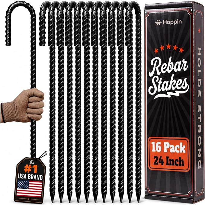 Happin® 24 Inch Rebar Stakes, J Hooks, Tent Stakes Heavy Duty Galvanized Garden Stakes – Trampoline Stakes, Chain Link Fence parts, Canopy, Lawn Decorations, Inflatables, Swing Set (J Shape – 16 Pack)