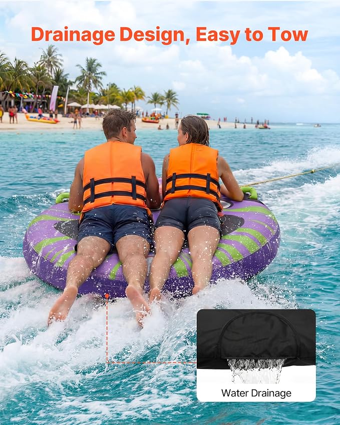 VEVOR Towable Tubes for Boating, 1-4 Riders Inflatable Boat Tubes & Towables, 340-680 lbs Capacity, Multiple Sizes with Full Nylon Cover, Padded/EVA Handles, Fins & Safety Valve (Multi-Option)