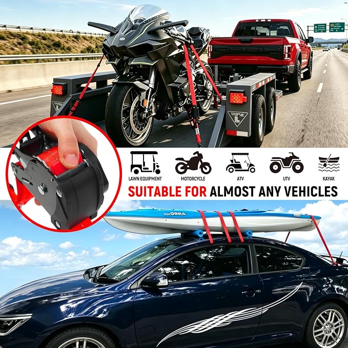 Retractable Ratchet Straps (Patented-4pack) - 1 inch x 10Feet (1,800lb Break Strength) Auto Self Retracting Tie Down Straps - Self Retractable Straps with Refletcive for Motorcyle, Truck or Cargo