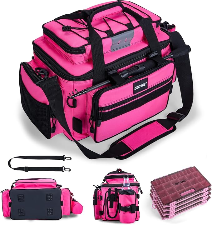Goture Fishing Tackle Bag with 4PCS 3600 Tackle Boxes | 600D Water-Resistant, Rod Straps, Detachable Bottle Pouch,Waterproof Bottom, Freshwater & Saltwater Gear Storage Fishing Bag