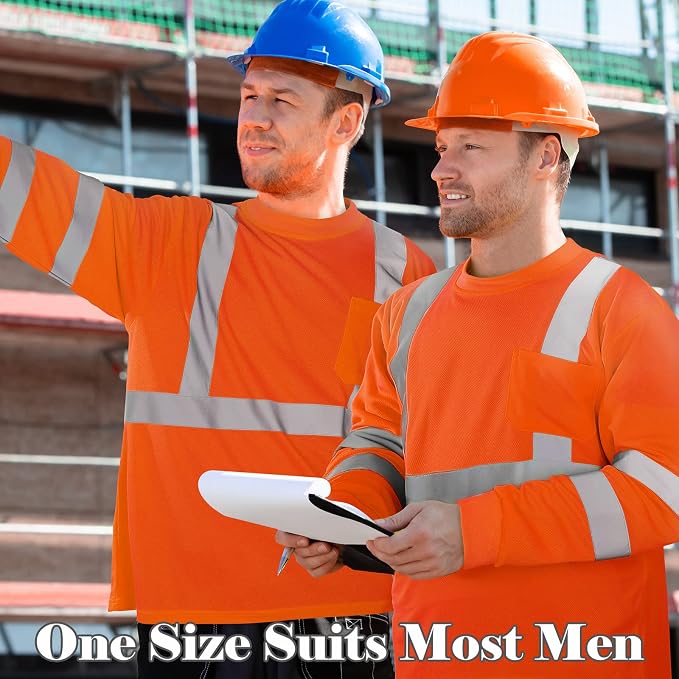Amylove 4 Pcs Long Sleeve Safety Shirt High Visibility Reflective Construction Work Shirts for Men Women(XL,Orange)