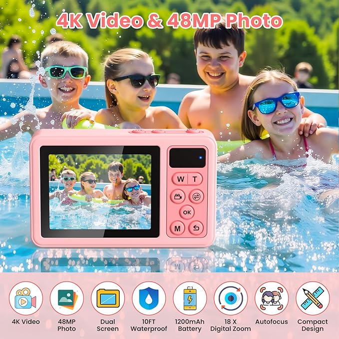 4K Underwater Digital Camera for Kids: 10FT Waterproof Camera - 48MP Floating Camera for Snorkeling - Surfing - Swimming - Dual-Screen Selfie - Autofocus - 18X Zoom - 32GB TF-Card - Pink - 2026 New