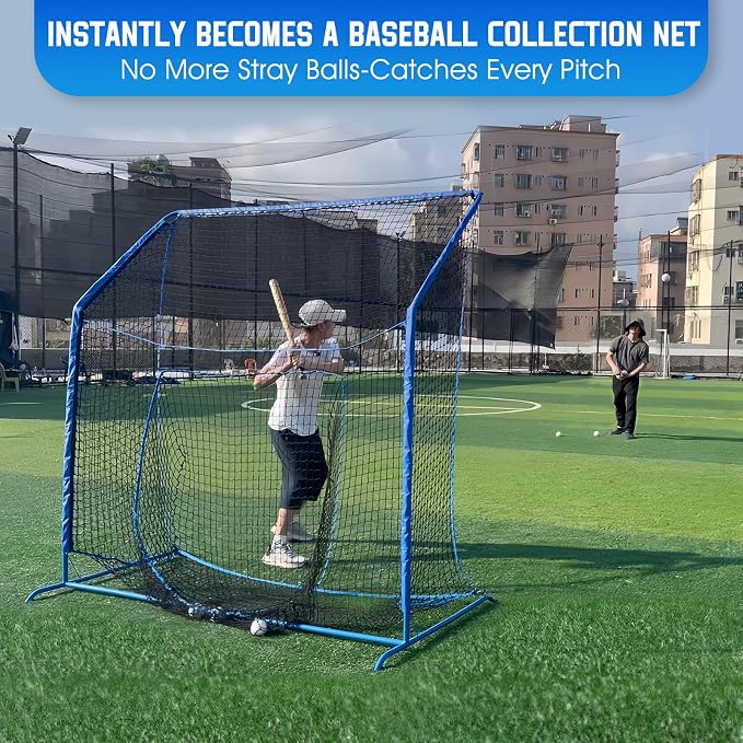 Baseball Softball Net with Blocking System, 7x7ft/6x6ft/10x7ft Practice Cage Net for Batting/Pitching/Fielding, Metal Frame with Elevated Base and Storage Bag for Backyard Indoor Training