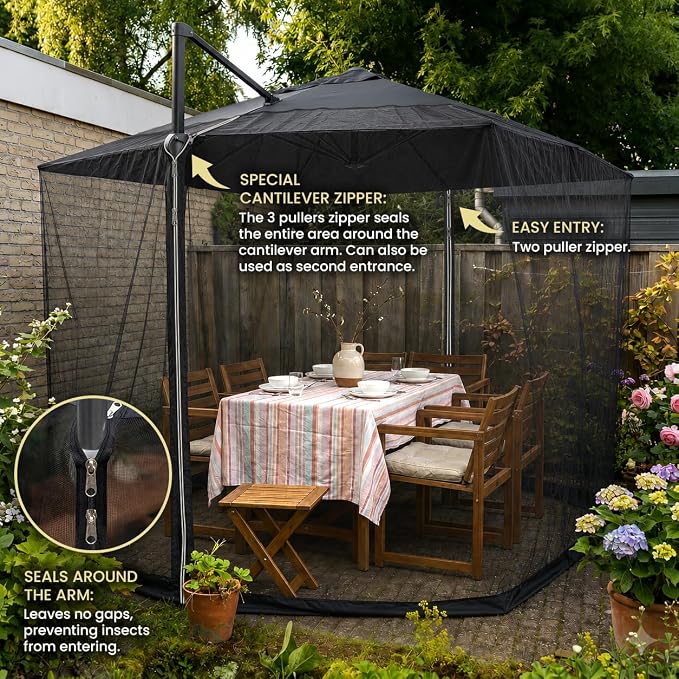 Mosquito Net for Umbrella 9.2 FT | Two Zippers & Works for Cantilever | Larger & Stronger Outdoor Netting | Patio, Porch & Garden Terrace | Outside Canopy Bug & Fly Protection Enclosure