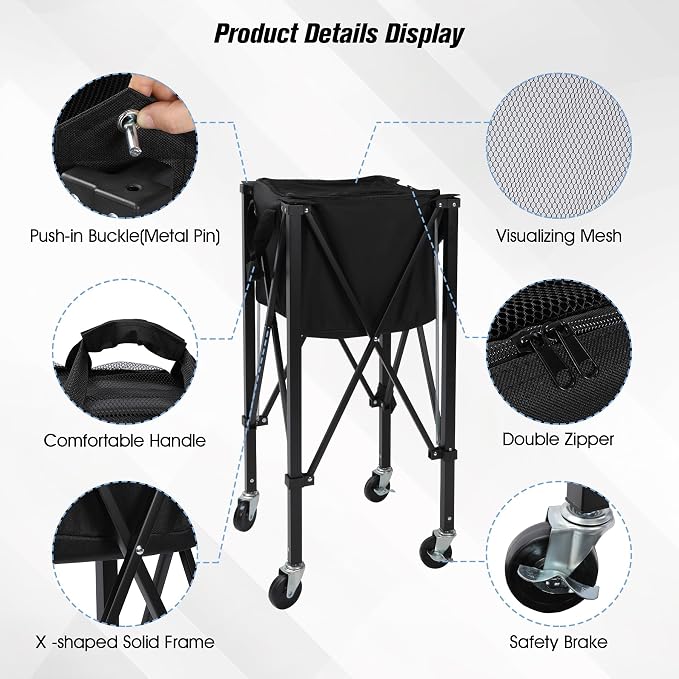 Portable Tennis Ball Hopper Holds 180 Balls, Tennis Ball Basket Cart with 4 Wheels & Brakes, Detachable Oxford Fabric Bag for Tennis and Pickleball Training, Black