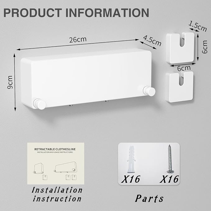 Retractable Clothesline Indoor, Non-Sagging Clothes line retracting Outdoor, Heavy Duty Wall Mounted Laundry Line Adjustable Stainless Steel for Laundryroom, Bathroom, 15.8 Feets Double Lines White