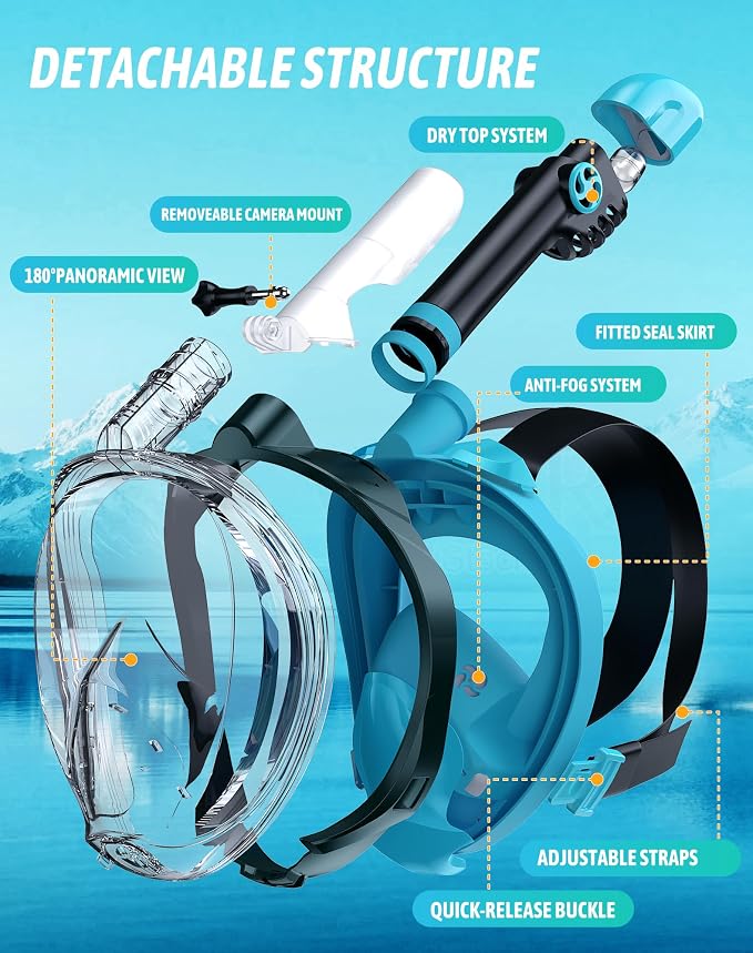 Full Face Snorkel Mask for Adults, 180° Panoramic Anti-Fog Snorkeling Gear with Dry Top System & Camera Mount, Foldable Anti-Leak Design for Travel, Swimming & Ocean Snorkeling