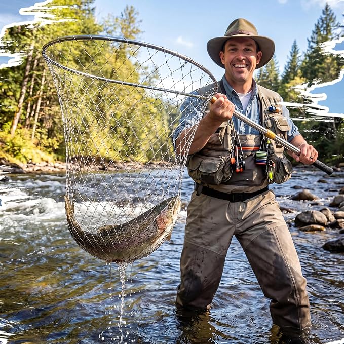 Heavy Duty Fishing Net with 83 Inch Telescopic Stainless Steel Handle 16 Inch Diameter Large Landing Net Foldable Lightweight for Bass Trout Catfish Salmon Steelhead Boat Pier Fishing