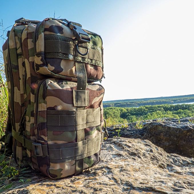 FOX OUTDOOR PRODUCTS Medium Transport Pack | 29L Tactical Backpack with Organizer Pockets, MOLLE Webbing & Hydration Sleeve, Woodland Camo