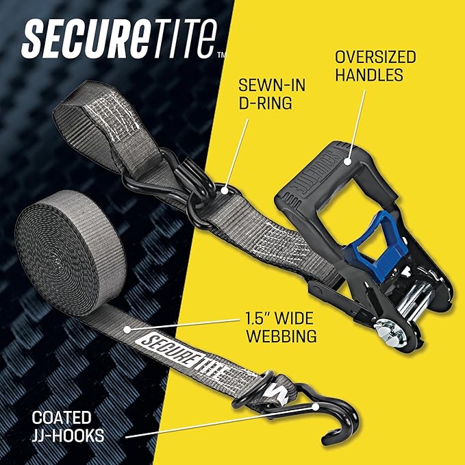 Secure Tite 1-1/2” x 20’ Tie Down Ratchet Straps, Ratchet Tie Down Straps, Double J-Hook, 1667 lbs Working Load Limit, 5000 lbs Break Strength,(Pack of 16)