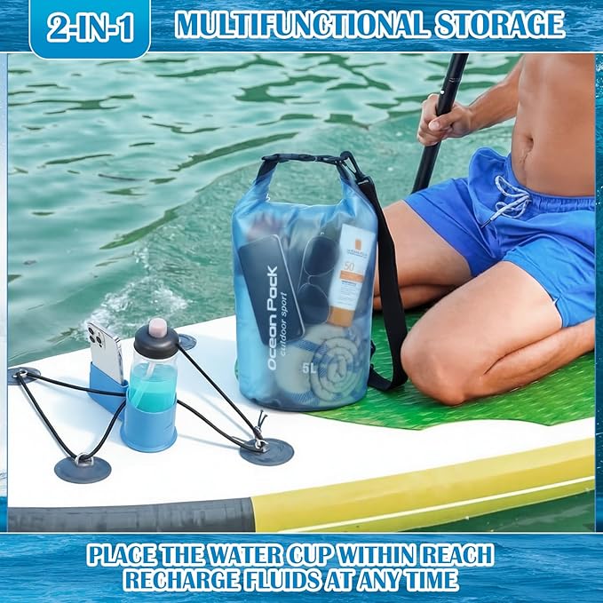 Thinkday 3 Pcs Paddle Board Accessories Include 5L Waterproof Dry Bag for Women Men 2-in-1 Paddleboard Cup Holder Waterproof Phone Case Roll Top Lightweight Storage Bag for SUP Kayak Boat (Blue)