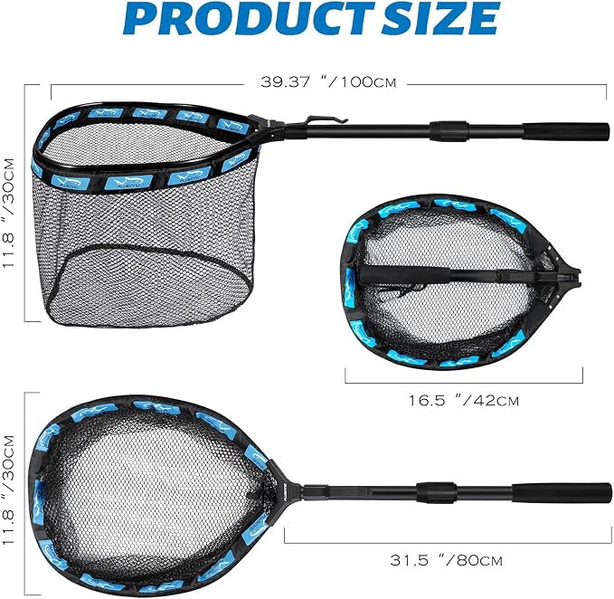 PLUSINNO Fishing Net Fish Floating Landing Net, Kayak Nets with Fixed Foldable Telescopic Pole Handle, Bass Trout Fishing Nets with Nylon Mesh for Pond Lake River, Fishing Gear Gifts for Men Anglers