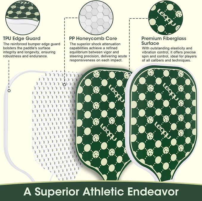 Fiberglass Pickleball Paddles Set of 2, Lightweight Pickle Ball Rackets Kit with Honeycomb Core Control Durable, 4 Outdoor Indoor Balls and Carrying Bag for Men Women