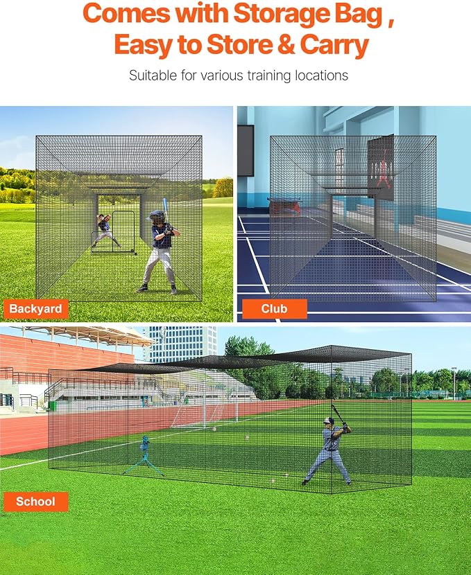 VEVOR Baseball Batting Cage,Professional Softball Baseball Batting Hitting Training Net,Heavy Duty Enclosed PE Practice Portable Pitching Cage Net&Carry Bag,for Backyard,Field,Indoor&Outdoor