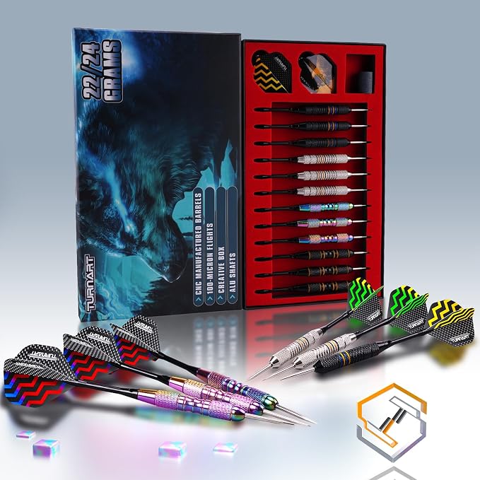 Turnart Darts Metal Tip Set - Steel Tip Darts Darts Set Professional Metal Darts 12 pcs 22/24 Grams Pro Dart Set with Stylish Case Aluminum Shafts Extra 9 Flights