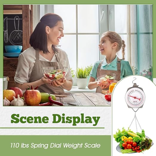 Tellegloww 2 Sets 110 lbs Large Display Hanging Scale with Scale Scoop Kitchen Dial Weight Scale Silver Industrial Spring Scales for Shopping Traveling Food Produce Weighing