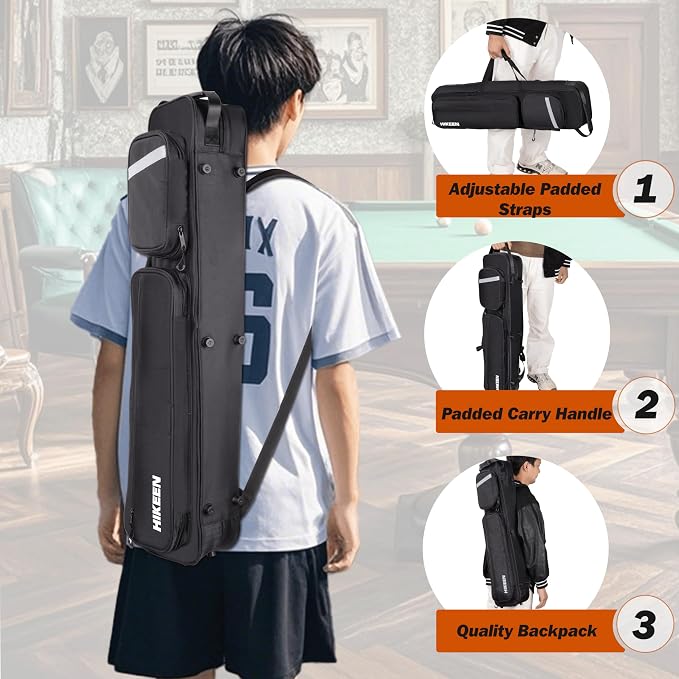 Hikeen Premium Pool Cue Case,4 X 4 Pool Stick Case with Soft Velvet Lining Holds 4 Butts and 4 Shafts with Multi-Front Pocket for Billiard Accessories - Adjustable Shoulder Straps
