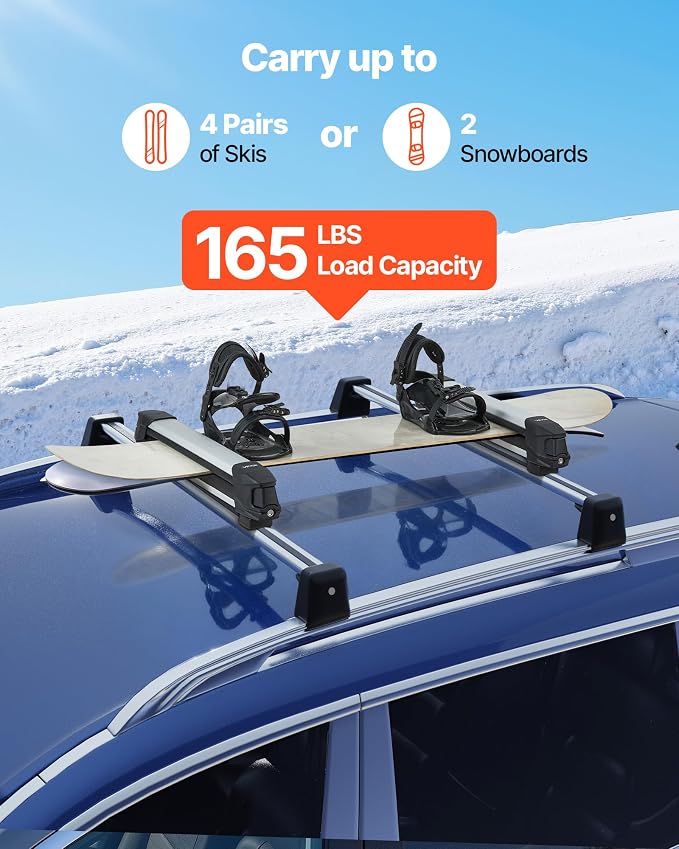 VEVOR Ski & Snowboard Roof Rack, Carry up to 4 Pairs of Skis or 2 Snowboards, 2 PCS Aluminum Universal Car Roof Rack with Lock & Rubber Padding, Carrier for Fishing Rod, Fit Most Slotted Crossbars