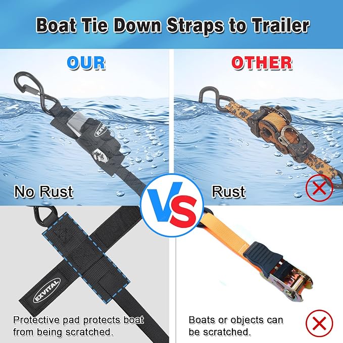 EXVITAL Boat tie Down Straps to Trailer 1"×4' transom Straps with Stainless Steel Ratchet Heavy Duty Adjustable Ratchet Straps for Boat Trailer 2400lbs Break Strength,Black 2 Pack