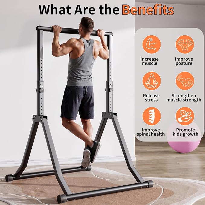 Foldable Power Tower Dip Station for Pull Ups, 58.3"-76.8" 12 Level 700 LBS, Adjustable Dip Handles & Assistance Bands Foldable Home Gym Equipment