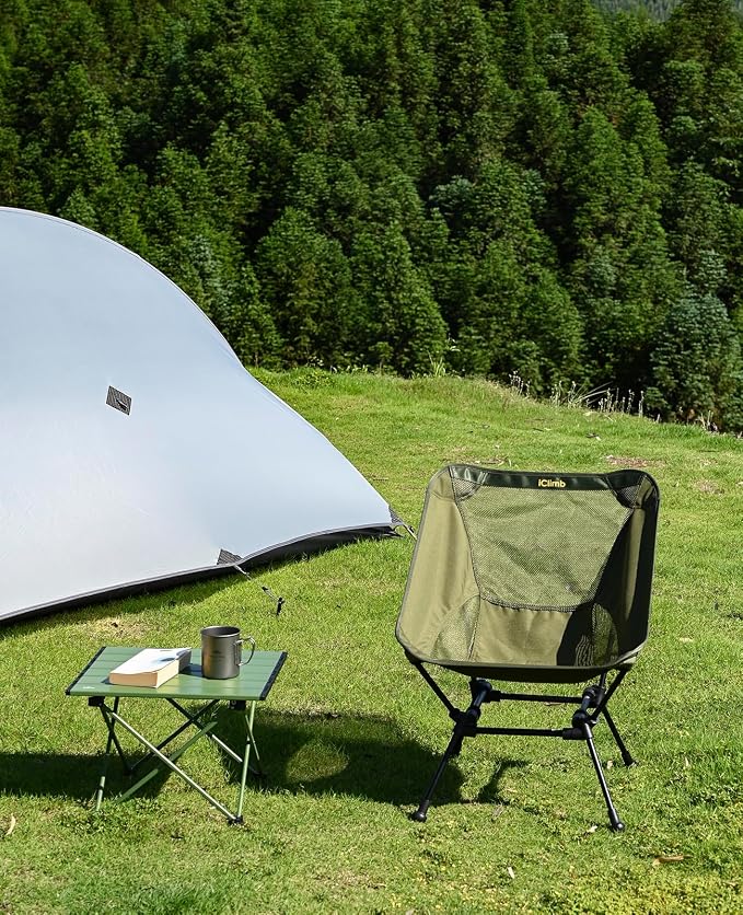 iClimb Ultralight Compact Camping Folding Beach Chair with Anti-Sinking Large Feet and Back Support Webbing (Green- Square Frame)