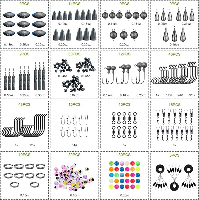 Fishing Accessories Kit Organized Fishing Tackle Box | Included Hooks, Sinkers Weights, Rubber Bobber, Jigs, Beads, Swivels Snaps, Fishing Gear Kit