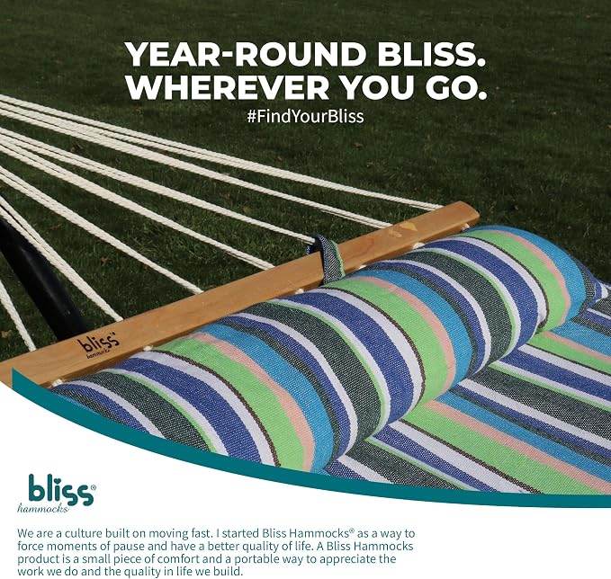 Bliss Hammocks BH-404G 48in Wide Caribbean Hammock w/Pillow, Poolside Patio Backyard Hammock, Includes Straps & Chains, Eco Friendly Polyester & Cotton Blend, 265 Pound Capacity, Candy Stripe