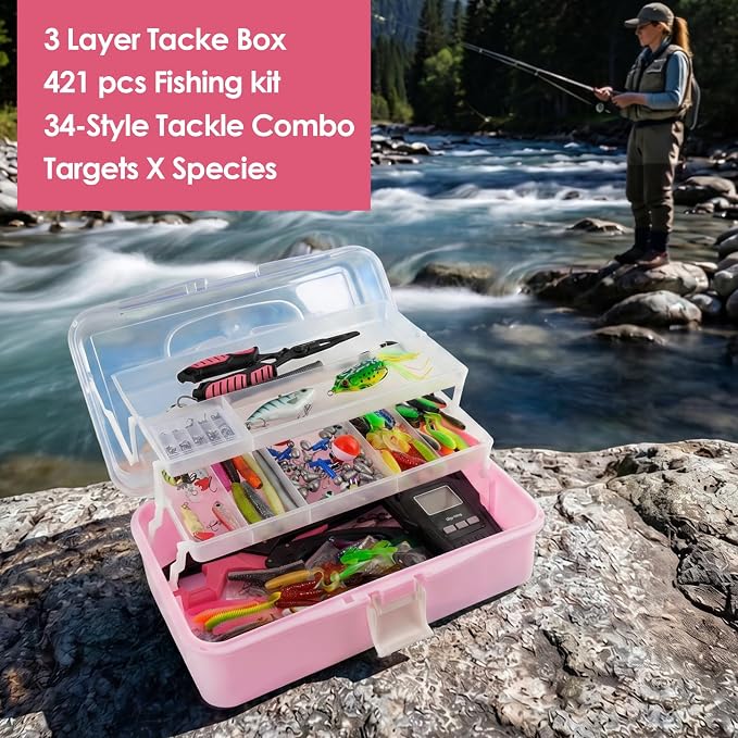 Fishing Lures Kit, 421PCS Tackle Box-(Pink) | Included Fishing Pliers, Hooks, Soft Baits, Weights,Accessories - Complete Freshwater Bass Fishing Gear Kit for Men with Gift