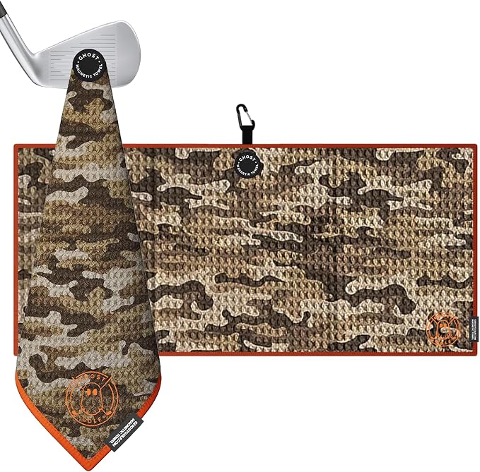 Ghost Golf Magnetic Towel (Caddie) - Premium Ultra-Absorbent Microfiber Golf Towel with Magnet for Golf Carts or Clubs - 18" x 40" Golfing Gear - Waffle Weave Pattern (Desert Camo)