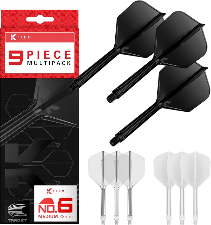 Target Darts K-Flex Integrated Dart Flights and Shafts, No.6, Kflex 9 Pack Bundle, K Flex 3 Colours | Black, White, Clear, Red, Green, Blue, Pink, Orange, Yellow | Short, Intermediate, Medium