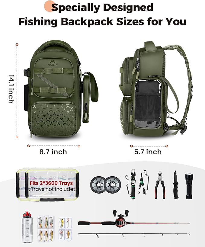 MATEIN Fishing Sling Bag with Lure Rod Holder & Phone Pouch, Waterproof 3600 Tackle Box Backpack with Removable Bait Binder