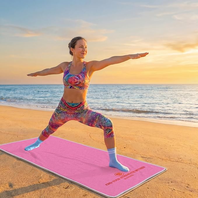 Upgraded Yoga Mat Towel with Bonus Grip Socks, Rose Pink | Elegant Embroidered, 1-Second Sweat Absorption & Non-Slip | Machine Washable Microfiber | Hot Yoga, Pilates | 73''*27.6''