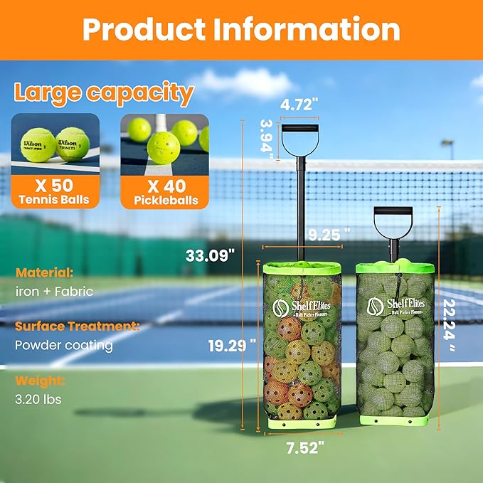 Tennis Ball Hopper with Telescopic Handle - Holds 50+ Tennis Balls or 40+ Pickleballs, Portable Tennis Ball Picker with Quiet Wheels，Built for Hard Courts & Daily Practice