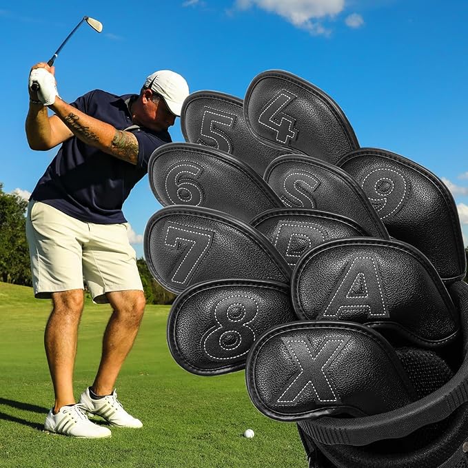 Craftsman Golf 10pcs Clean and Simple Black Iron Headcover Set Premium Leather Large No. on Both Sides Easy for Recognize Magnetic Closure
