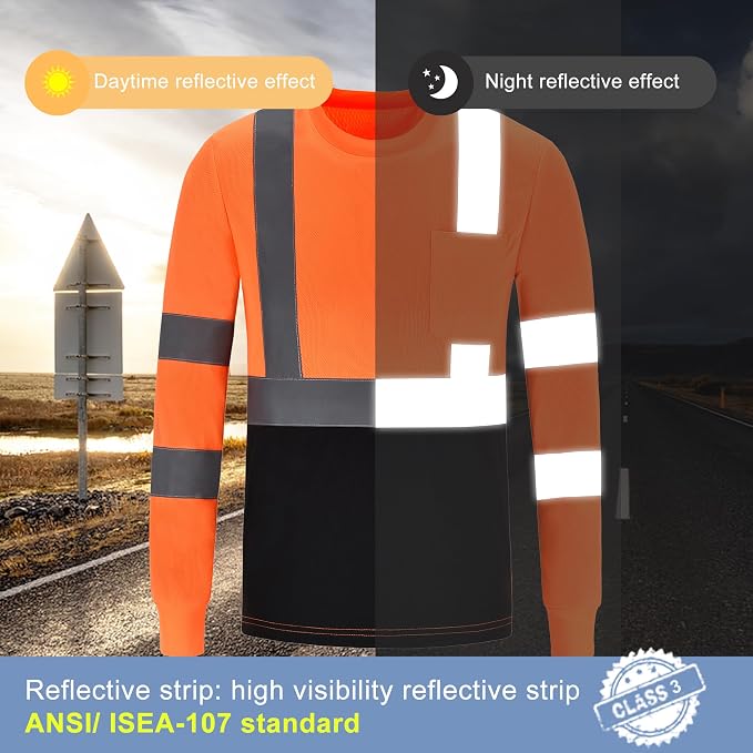 A-SAFETY Safety Shirt,High Visibility Work T Shirt Long Short Sleeve Class 3 (XS-6XL)
