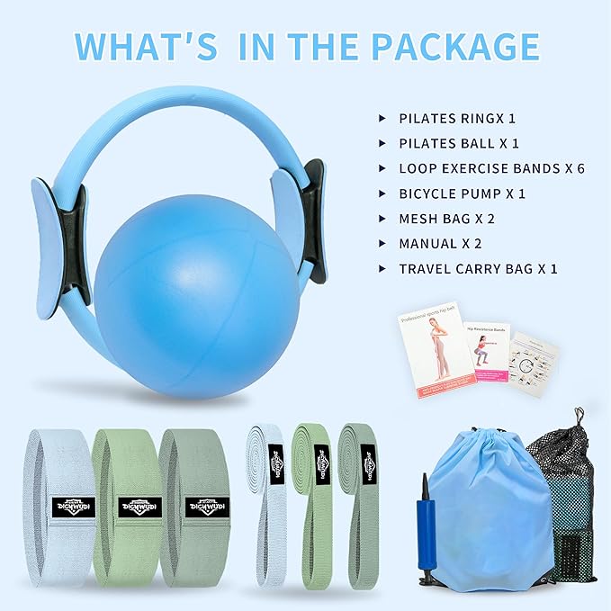 DICYWUDI Pilates Essentials Kit for Home Women, Pilates Equipment for Workouts, 6 Fabric Resistance Bands, 12 Inch Magic Circle Yoga Ring, Mini Exercise Ball, Great Exercise Equipment