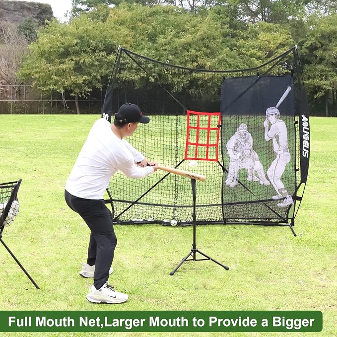 7'X7' Softball Practice Net - Pitching & Batting Net with Baseball Tee, Batter Dummy, Strike Zone & Bow Frame