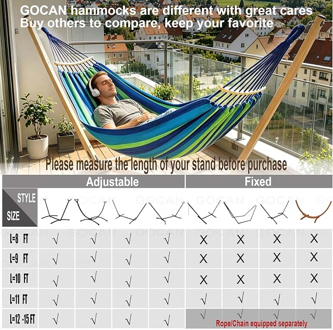 GOCAN Double Hammock 2 Person Extra Large 220x160cm Total Length 330cm Load 500lb Canvas Cotton Hammock for Patio Porch Garden Backyard Lounging Outdoor and Indoor with Removable Spreader bar