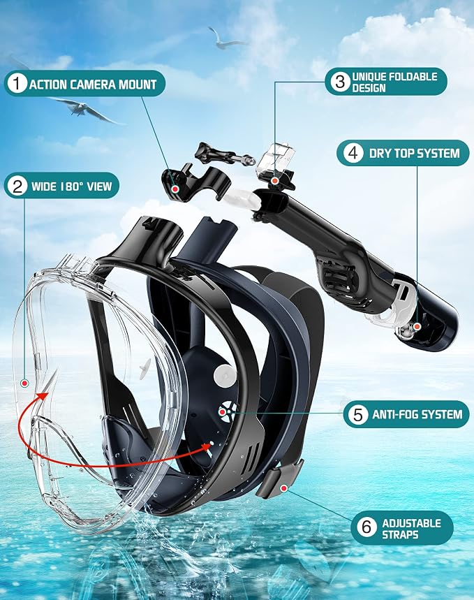 Greatever Full Face Snorkel Mask, Snorkeling Gear for Adults with Latest Dry Top Breathing System and Detachable Camera Mount, Foldable Snorkel Set for Family Snorkeling Trips, Anti-Fog & Anti-Leak