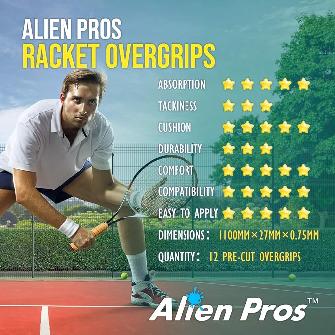 ALIEN PROS Tennis Racket Grip Tape - Precut and Dry Feel Tennis Grip - Tennis Overgrip Grip Tape Tennis Racket - Wrap Your Racquet for High Performance