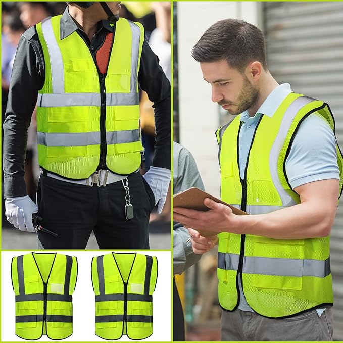 Newcotte 40 Pack Safety Vests Bulk Yellow Reflective High Visibility Vest with Mesh Pocket Zipper, Hi Vis Silver Strip for Men, Neon